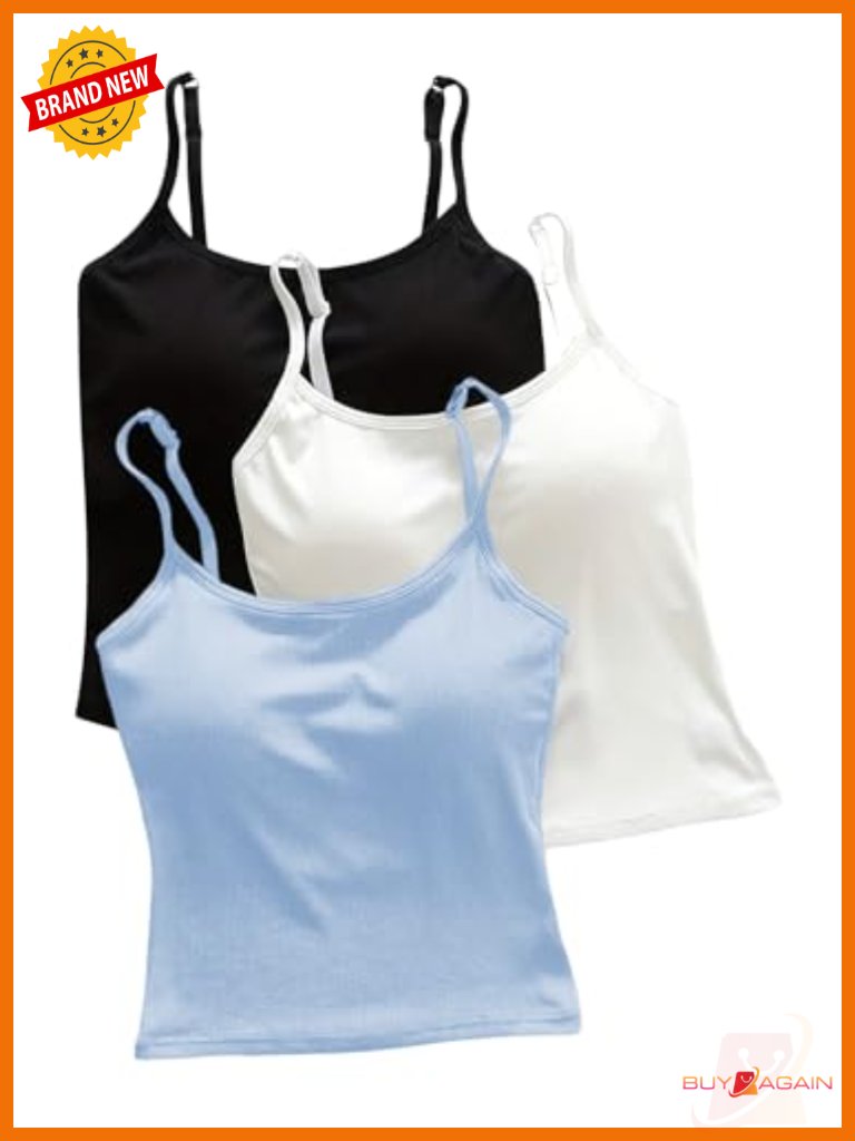 3 Pack Crop Tops With Built-In Bra Spaghetti Strap Camisole Tank